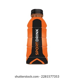 Realistic sport drink bottle in orange and black color packaging, vector illustration in trendy flat 3d design style. Popular world sport drink with orange mango. Editable graphic resources.