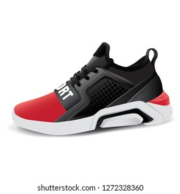 Realistic sport running shoe for training and fitness on white background, trendy sneakers, vector illustration