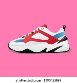 Realistic sport running shoe for training and fitness isolated on color background, trendy sneakers, vector illustration