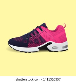 Realistic sport running shoe for training and fitness isolated on color background, trendy sneakers, vector illustration
