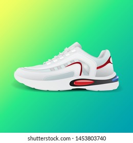 Realistic sport running shoe for training and fitness on gradient background, trendy white and red sneakers, vector illustration