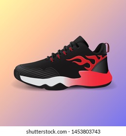 Realistic sport running shoe for training and fitness on gradient background, trendy black and red sneakers, vector illustration