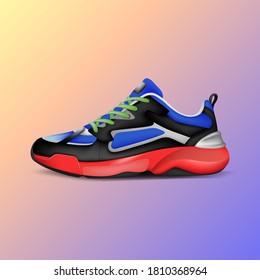 Realistic sport running shoe for training and fitness on white background, trendy sneakers, vector illustration