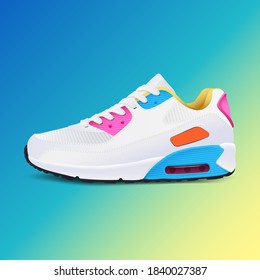 Realistic sport running shoe for training and fitness on gradient background, trendy white and blue sneakers, vector illustration