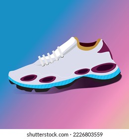 Realistic sport running shoe for training and fitness on gradient background, trendy white and blue sneakers, vector illustration.