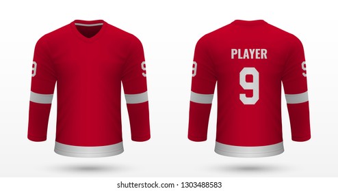 Realistic Sport Shirt, Detroit Red Wings Jersey Template For Ice Hockey Kit. Vector Illustration