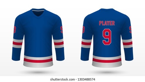 Realistic Sport Shirt, New York Rangers Jersey Template For Ice Hockey Kit. Vector Illustration