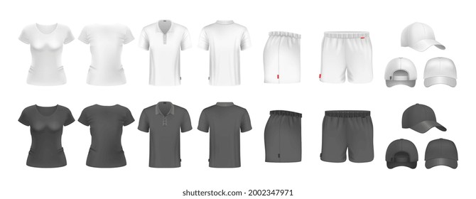 Realistic sport uniform mockup. Male female t-shirt shorts and caps. Black and white sportsmen wear. Isolated undershirt and underpants vector set