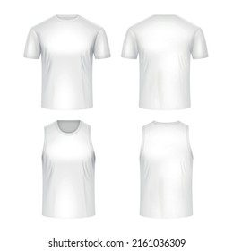 Realistic sport uniform white mockup set of short sleeved and sleeveless t shirts frontal and back view isolated vector illustration