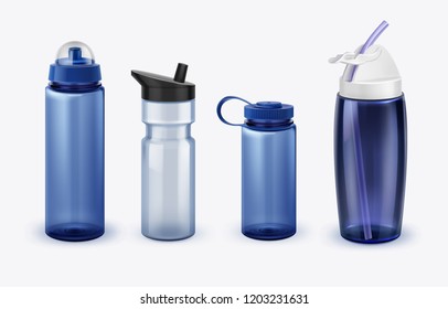 Realistic sport water bottles set of various shapes and size. Vector illustration isolated on white background