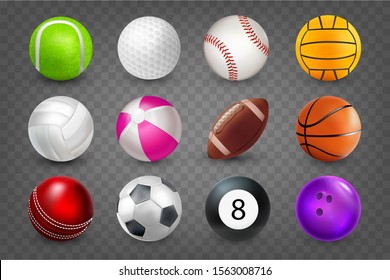 Realistic sports balls for playing games vector illustrations set. Round sports equipment icons isolated on transparent background. Illustration of soccer and baseball, tennis, bowling, tennis, golf.