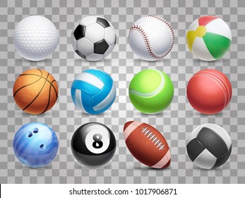 Realistic sports balls vector big set isolated on transparent background. Illustration of soccer and baseball, football game and tennis