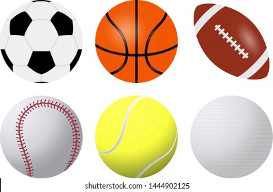 Realistic sports balls vector big set isolated on white background. Illustration of golf and baseball, football game and tennis, eps 10