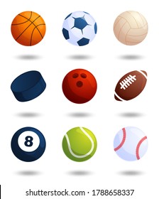 Realistic sports balls vector big set isolated on white background. Vector Illustration of soccer and baseball, football game, tennis, bowling, ice hockey, volleyball