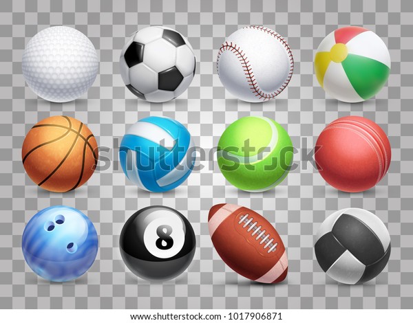 Realistic sports balls vector big set isolated on\
transparent background. Illustration of soccer and baseball,\
football game and\
tennis