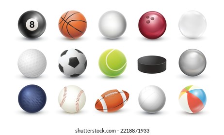 Realistic sports balls vector set. Illustration of soccer and baseball, football game and tennis ball isolated on white background EPS10