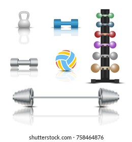 Realistic sports and game icons with shadow and mirror reflection. Isolated on white background, vector illustration.