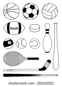 Realistic sports set, collection of ball for different sports game, and sport equipment. vector art image illustration, isolated on white background