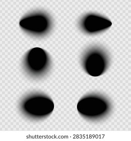 Realistic spot drop shadow template set, soft blurry point shadows for character design, shoes, sports equipment and 3D object display on transparent background.