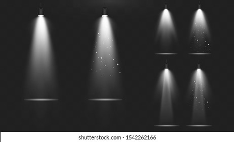 Realistic spot lighting of the stage. Scene illumination collection. Big set Bright lighting with glitters spotlights.