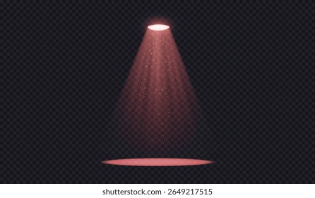 Realistic spotlight beam with dust particles isolated on transparent png background for stage, studio, or theater light effect. Red light source with beam reflection on the floor, vector illustration.