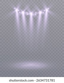 Realistic spotlight beams with soft glow and light particles on transparent background. Suitable for stage lighting, product display, theater or design compositions.

