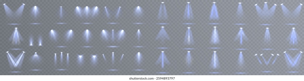 Realistic spotlight effects with bright glowing beams on a transparent background. A high-quality vector set featuring isolated stage lighting, studio light sources, and concert spotlights.