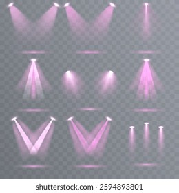 Realistic spotlight effects with bright glowing beams on a transparent background. A high-quality vector set featuring isolated stage lighting, studio light sources, and concert spotlights.