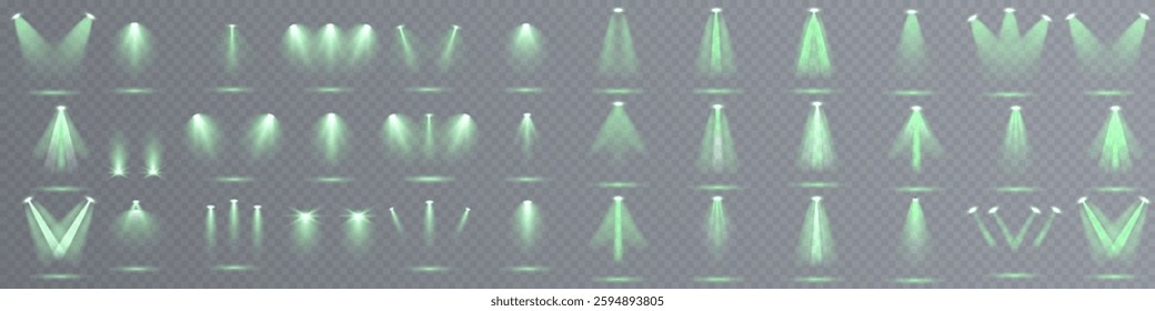 Realistic spotlight effects with bright glowing beams on a transparent background. A high-quality vector set featuring isolated stage lighting, studio light sources, and concert spotlights.