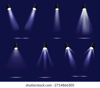 Realista coleção de efeitos de luz de spot iluminando um fundo azul escuro para design de eventos