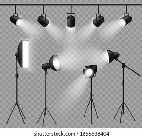 Realistic spotlight. Illuminated photo studio and stage light, floodlights and softbox set for vivid show, concert light effects. Vector projector and lamp set