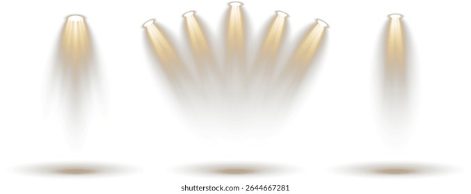 Realistic spotlight reflects on polished floor surface. Blue projector shines across abstract dark  background. 3D podium center glows under soft light rays. Cylindrical stage platform highlights 
