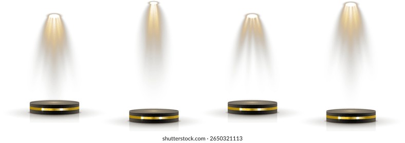 Realistic spotlight reflects on polished floor surface. Blue projector shines across abstract dark  background. 3D podium center glows under soft light rays. Cylindrical stage platform highlights 