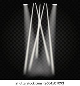 Realistic spotlights illustration with soft light and haze on transparent background.Dramatic lighting, stage background. EPS10 vector illustration.