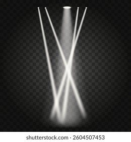 Realistic spotlights illustration with soft light and haze on transparent background.Dramatic lighting, stage background. EPS10 vector illustration.