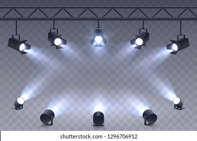 Realistic Spotlights isolated on transparent background. Scene illumination. Suspended and standing lighting. Elements for photo studio, show, scene. Vector illustration. - Shutterstock ID 1296706912