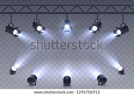 Realistic Spotlights isolated on transparent background. Scene illumination. Suspended and standing lighting. Elements for photo studio, show, scene. Vector illustration.