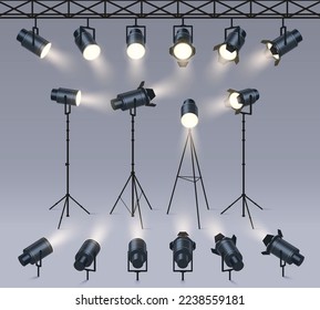 Realistic spotlights. Lamp on tripod stand, photo studio or stage light equipment. Spotlight with light beam glow effect vector set of tripod realistic lamp illustration