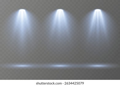 Realistic spotlights shine brightly on transparent background.
Soft projector beams reflect subtly on glossy floor.
Focused light rays create dramatic stage composition.
Concert lighting glows