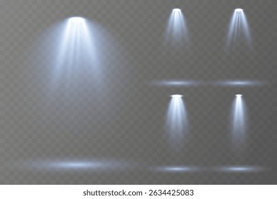 Os holofotes realistas brilham intensamente sobre o fundo transparente.
Os feixes suaves do projetor refletem sutilmente no piso brilhante.
Raios de luz focados criam composição dramática de palco.
Brilhos de iluminação de concerto