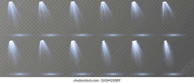 Realistic spotlights shine brightly on transparent background.
Soft projector beams reflect subtly on glossy floor.
Focused light rays create dramatic stage composition.
Concert lighting glows