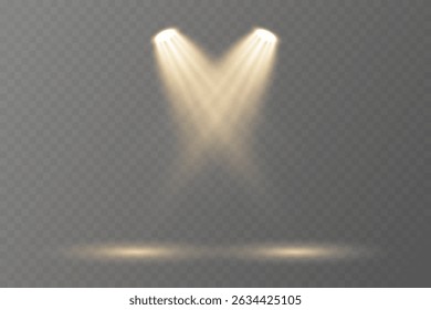 Realistic spotlights shine brightly on transparent background.
Soft projector beams reflect subtly on glossy floor.
Focused light rays create dramatic stage composition.
Concert lighting glows