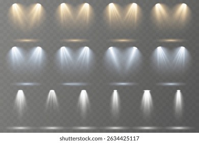 Realistic spotlights shine brightly on transparent background.
Soft projector beams reflect subtly on glossy floor.
Focused light rays create dramatic stage composition.
Concert lighting glows