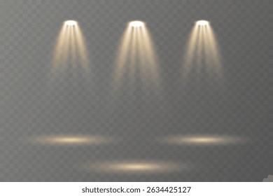 Realistic spotlights shine brightly on transparent background.
Soft projector beams reflect subtly on glossy floor.
Focused light rays create dramatic stage composition.
Concert lighting glows