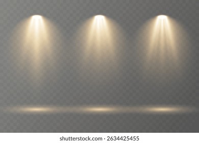 Realistic spotlights shine brightly on transparent background.
Soft projector beams reflect subtly on glossy floor.
Focused light rays create dramatic stage composition.
Concert lighting glows