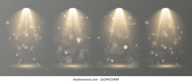 Realistic spotlights shine brightly on transparent background.
Soft projector beams reflect subtly on glossy floor.
Focused light rays create dramatic stage composition.
Concert lighting glows