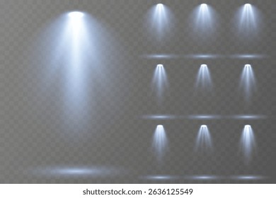 Realistic spotlights shine brightly on transparent background.
Soft projector beams reflect subtly on glossy floor.
Focused light rays create dramatic stage composition.
Concert lighting glows