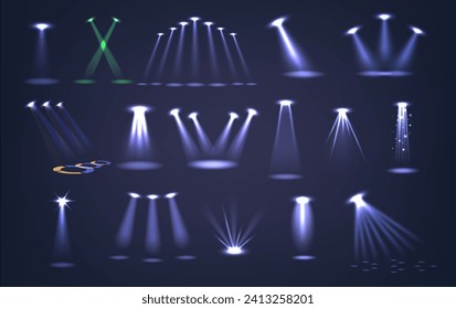 Realistic Spotlights Vector Set, Focused Sources Of Light Used To Highlight Areas Or Objects, Creating Emphasis