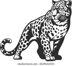 Realistic spotted leopard icon in black color, leopard logo looking left.