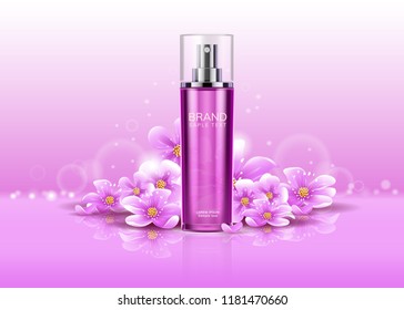 Realistic spray or 3d perfume container. Deodorant with flowers for package, branding and advertising. Atomizer for perfume ads. Odor and woman, female and perfumery, fragrance theme